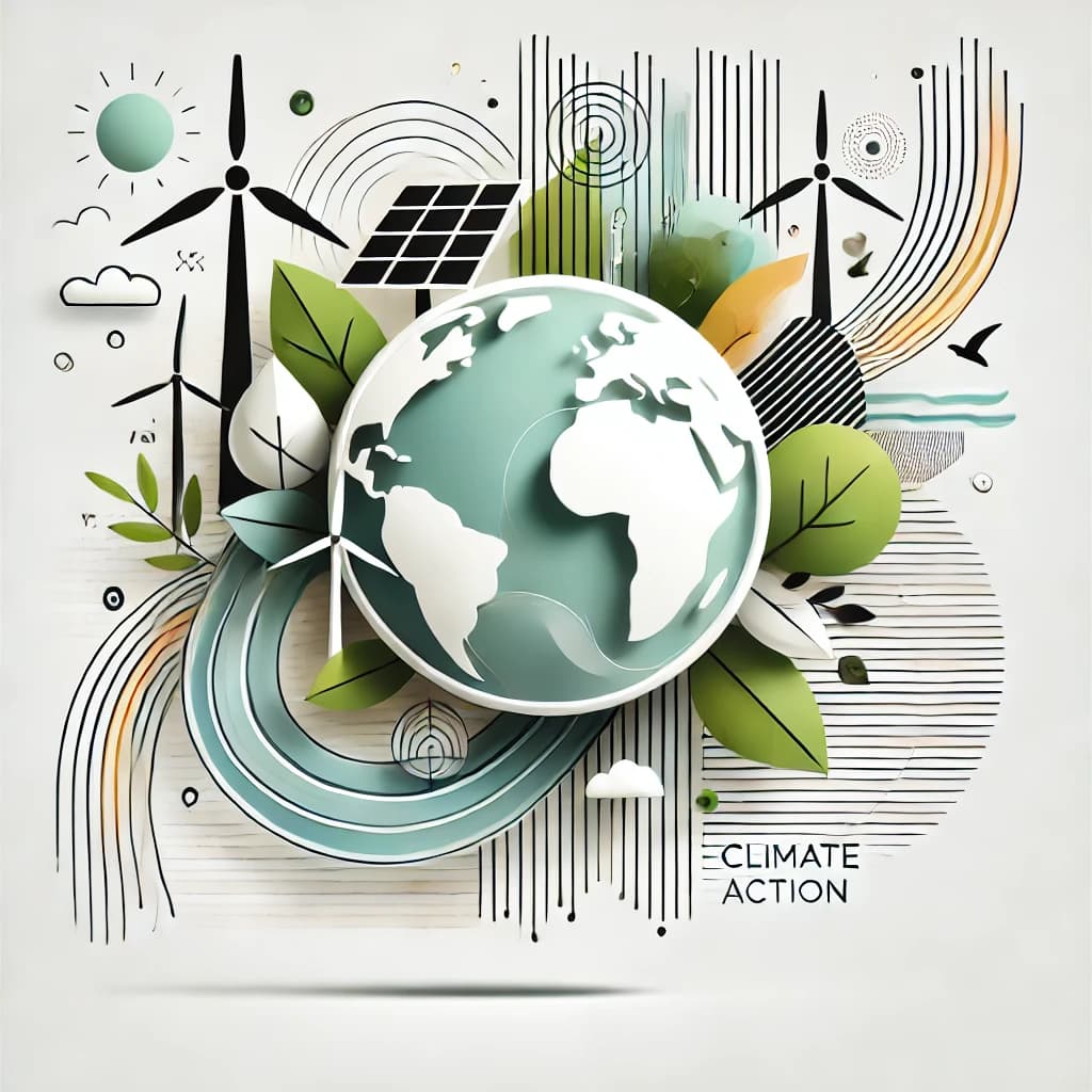 Climate Action Illustration showing a globe surrounded by renewable energy symbols and natural elements